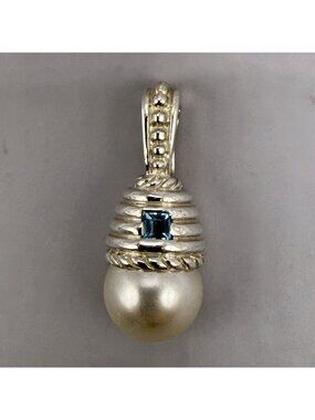 Judith Ripka Pearl Square Blue Stone Enhancer Pendant Sterling Silver Signed